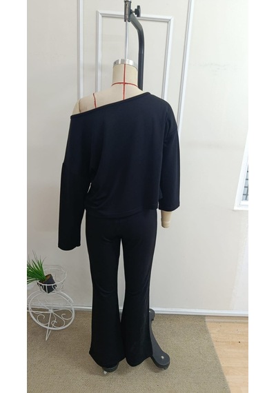 COJans Kadın Tek Omuzdan Açık Uzun Kollu Kısa Modal Bluz Ve Pantolon Ikili Takım Göründüğü Gibi