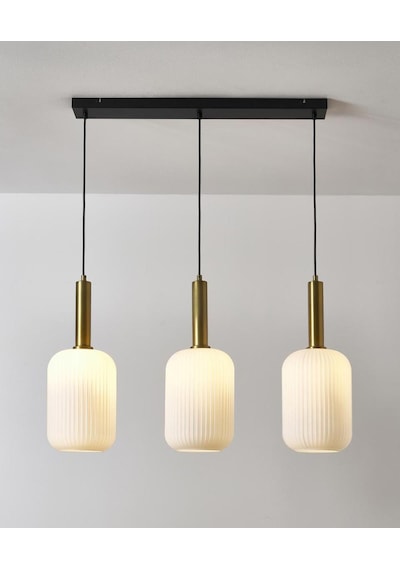 Mylights Retro Rustik Sıralı Üçlü Opal Camlı Sarkıt Masa Üstü Avize 60 Cm En Siyah