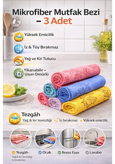 3 Adet Microfiber Çiçek Desenli Mutfak Temizlik Bezi 30 30 Leke Tutmaz Koku Yapmaz Diğer