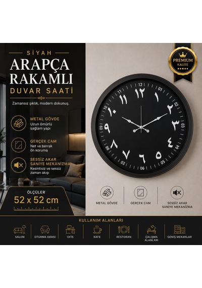 Siyah Arapça Rakamlı 52 X 52 Cm Duvar Saati