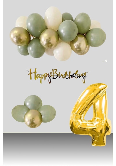 4 Yaş Retro Krom Gold Küf Yeşili Kum Beji Balon Happy Birthday Banner Gold Rakam Doğum Günü Süsleme Çok Renkli