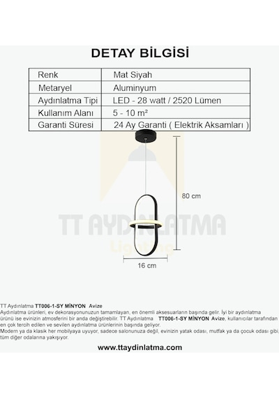 Tt006-1-Sy Tt Aydınlatma Minyon Modeli Tekli Mat Siyah Led Avize