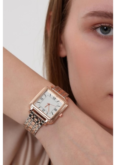 Daisy Rose Gümüş Kordon Kare Kasa Roma Rakam Kadın Kol Saat Rose Gold