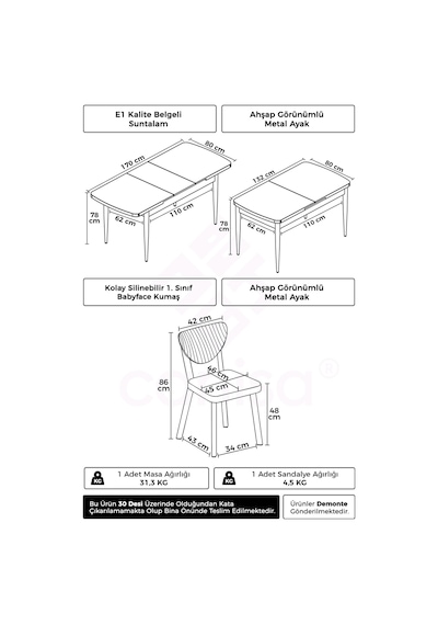 Canisa Exve Serisi 80x132 Açılabilir Ahşap Görünümlü Metal Mutfak Masası Kahverengi