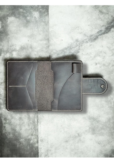 El Yapımı Deri Defter Kılıfı, Kahverengi, 9x14cm, El Dikişli Organizer, Çıtçıtlı Kapak, Hakiki Deri Genel