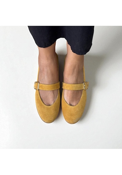 Ne&ve Shoes Hardal Süet Hakiki Deri Yuvarlak Burunlu Tokalı Kadın Babet
