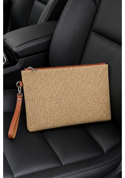 Adelina Bags Hasır Portföy El Çantası Bilek Askılı Saten Astarlı Hasır Görünümlü Clutch Çanta
