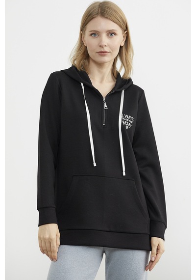 Yarım Fermuarlı Kapüşonlu Sweatshirt - Siyah Ekru