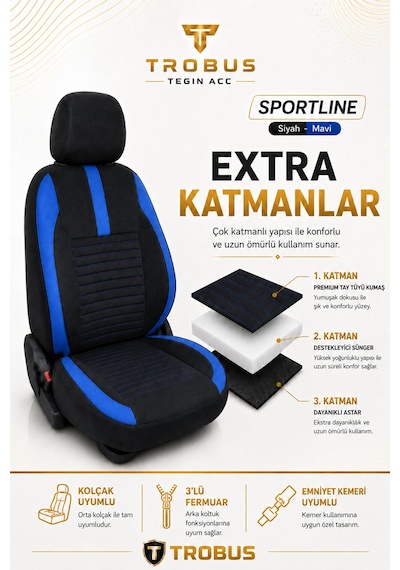 Volkswagen Beetle 2012-2016 Uyumlu Sportline Serisi Siyah Mavi Oto Koltuk Kılıfı