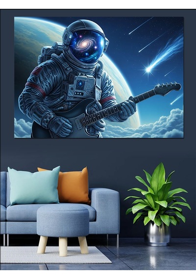 Ahşap Tablo Gitar Çalan Uzayda Bir Astronot Hayvan Tabloları