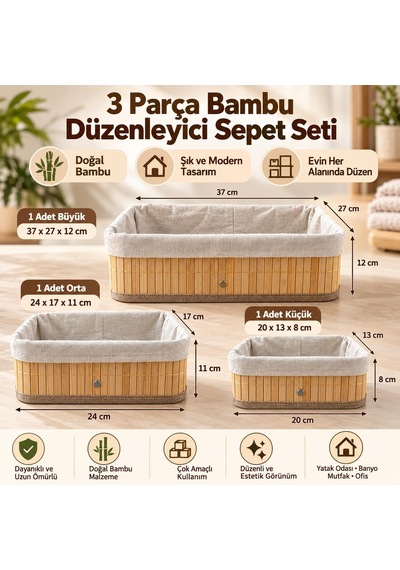 Bambu Düzenleyici Sepet Seti, Kumaş Astarlı, 3'lü Set Diğer