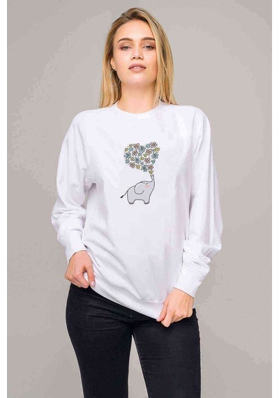 Kawaii Baby Elephants 2 Baskılı Beyaz Kadın Sweatshirt