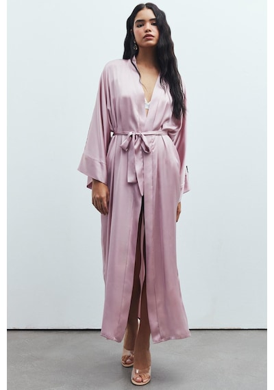 Frappant Gül Kurusu Uzun Saten Sabahlık / Kimono Pembe