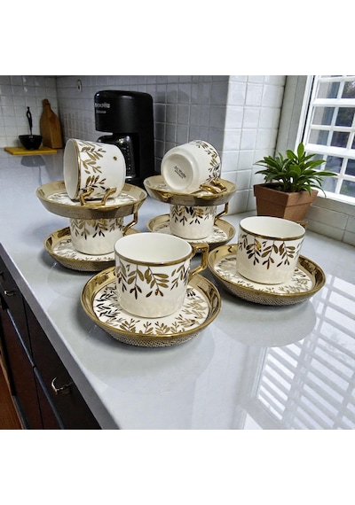 Sudedi Home Beyaz Gold Desenli 6 Kişilik Fincan Takımı Çok Renkli