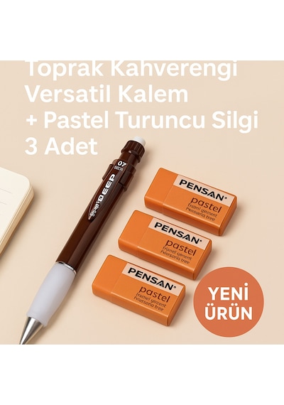 Toprak Kahve Versatil Kalem + Pastel Turuncu Silgi 3 Adet Toprak