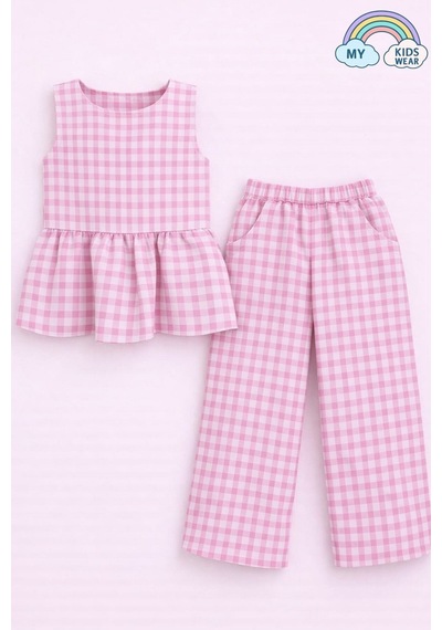 My Kids Wear Kız Çocuk Pötikareli Peplum Bluz Ve Pantolon Takımı 12689 Pembe