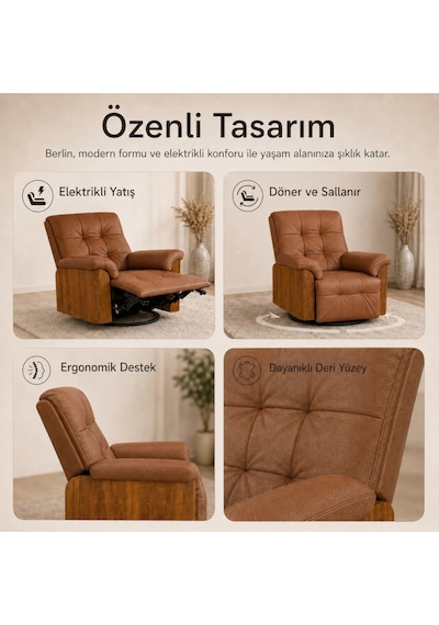 Smarto Relax Berlin Elektrikli Döner Sallanan Tv Koltuğu Kontrol Panelli Ergonomik Kırmızı Deri Baba Koltuğu Açık Kahverengi