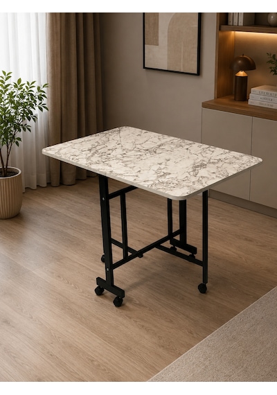 Teknor Kelebek Katlanır Ahşap Masa Mermer Desenli 60x120 Beyaz