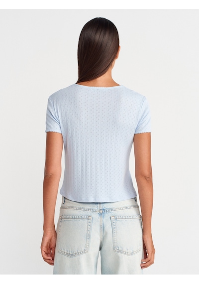 Dilvin 31795 Fiyonk Detaylı Kısa Kollu Kontrast T-shirt-açık Mavi Açık Mavi