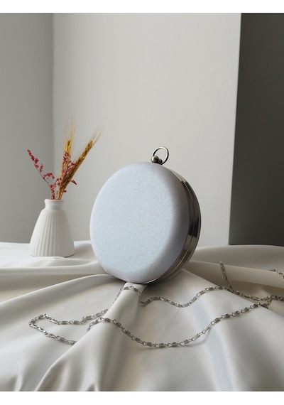 Vivazzaluxe Modern Yuvarlak Model Simli Düğün Nişan Gelin Kadın Abiye Clutch Çanta Beyaz