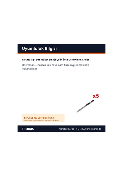 Trobus Falçata Tipi Dar Maket Bıçağı Çelik İnce Uçlu 9 Mm 5 Adet