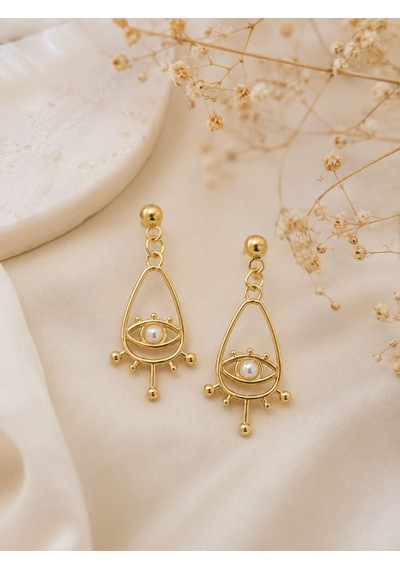 Cm Jewelry Göz Ve İnci Detaylı Gold Çelik Küpe Altın