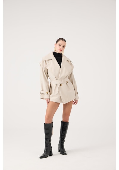 Holly Lolly Kemerli Oversize Kesim Sara Trençkot Bej