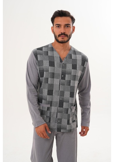 Çift Kaplan Erkek Çilli Desen Önden Düğmeli Gri Pijama Takımı 8032 Gri