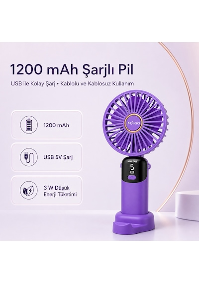 Mkio Şarjlı El Vantilatörü 5 Kademeli, Katlanabilir Dijital Ekranlı Mini El Fanı, 1200 Mah, 5 Pervaneli Güçlü Hava Akışı, Standlı Masaüstü Fan, Usb Şarjlı - Mor Renk