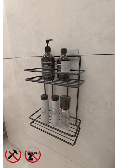 Alper Banyo Siyah 3 Raflı Düz Banyo Şampuanlığı, Yapışkanlı