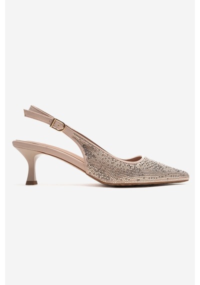 Luvishoes Nella Ten Altın Taşlı Kadın Topuklu Ayakkabı Ten
