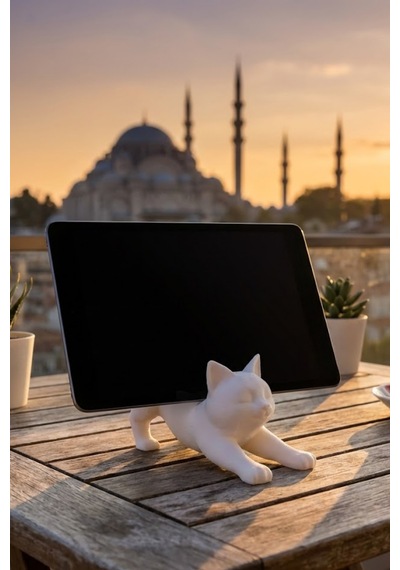 Beyaz Kedi Telefon Tablet Tutucu 10 X 10 Cm