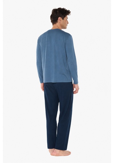 Malabadi Erkek Mavi Bisiklet Yaka Micro Modal Extra Yumuşak Kışlık Pijama Takımı 6032
