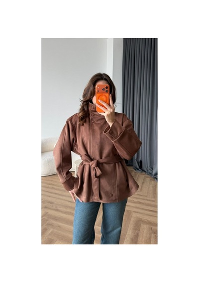 Blanco Kadın İthal Yumuşak Dokulu Zr Model Dik Yakalı Kuşaklı Süet Ceket Taba Taba