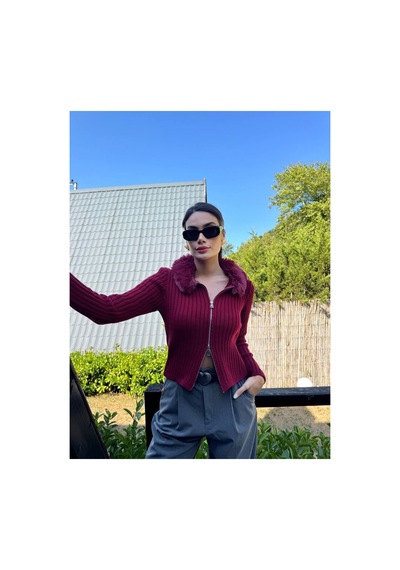 İkrafashion Yakası Kürklü Triko Hırka Bordo Bordo