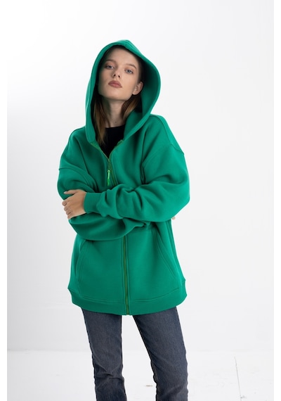 Kapşonlu Fermuarlı Yeşil Hoodie College Yeşil