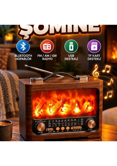 Retro Şömine Efektli Bluetooth Hoparlör Fm Am Sw Radyo, Usb Ve Tf Kart Destekli