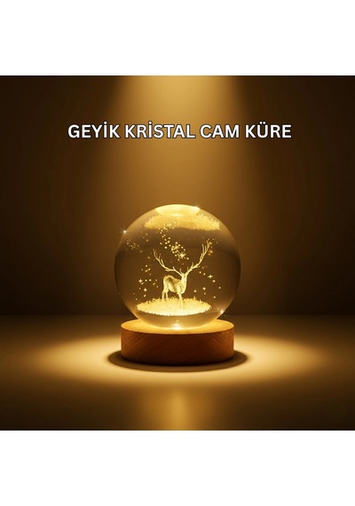 Usb Bağlantılı Geyik Temalı Kristal Küre Premium Masa Gece Lambası Renkli