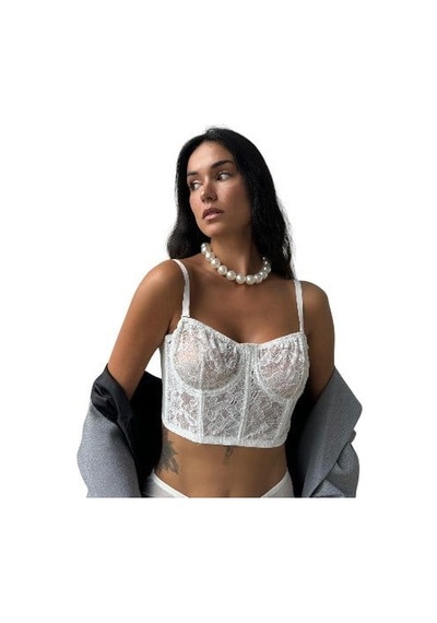 Onsekiz18shop İçi Boş Gümüş Simli Çiçekli Tül Beyaz Büstiyer Takım