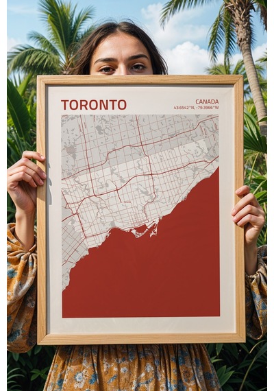 Toronto Kanada Canada Haritası Çerçeveli Tablo Lüks Salon Ofis Duvar Dekorasyonu Hediyelik Tablo Kayın