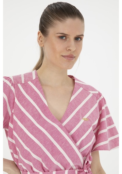 U.S. Polo Assn. Kadın Pembe Çizgili Midi Boy Dokuma Elbise 50280572-VR041