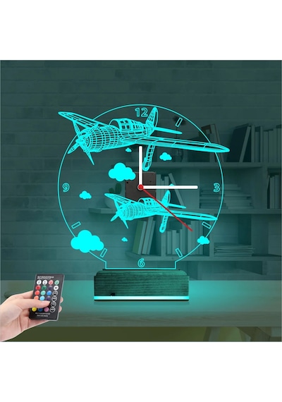 Luvivia Pırpır Uçak Pilot Tasarım Saatli 3d Lamba - Masa Gece Lambası Şeffaf