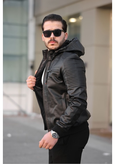 Mero Life Erkek Siyah Dar Kesim Kapüşonlu Bel Lastikli Ribanalı Deri Ceket & Mont Siyah