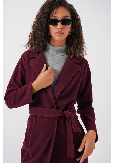 Bigdart 9118 Kruvaze Yaka Kaşe Kaban - Bordo Bordo