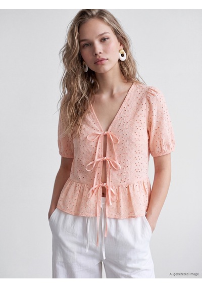 Lcw Vision Pembe Brode Bağlamalı Peplum Bluz