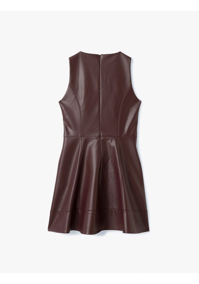 Koton Bisiklet Yaka Kolsuz Suni Deri Mini Elbise Bordo 5sak80178uw Bordo