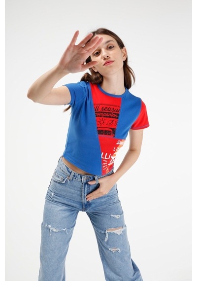 Brz Collection Kontrast Renkli Baskılı Kısa Kollu Crop Kadın T-Sh Çok Renkli