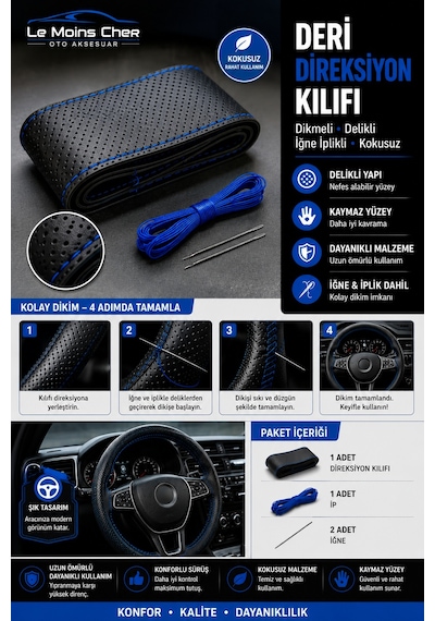Fiat Uno Fire Mavi Deri Direksiyon Kılıfı Dikmeli Delikli İğne İplikli Kokusuz