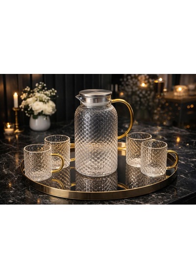 Morponi Borosilikat Cam Gold Saplı Buzlu 5 Parça Sürahi Takımı Royal 1800 Ml
