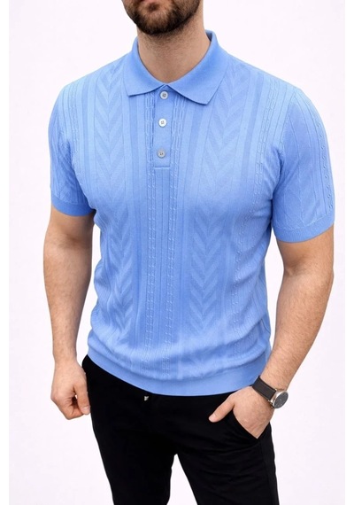 Erkek Yazlık Triko Tişört Kısa Kol Polo Yaka Düğmeli T-shirt - Bebek Mavisi Bebe Mavisi